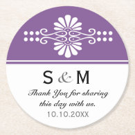 Chic Floral Wedding ThankYou Monogram:purple White Round Paper Coaster