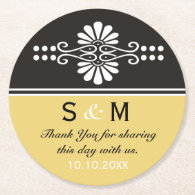 Chic Floral Wedding ThankYou Monogram:Yellow Black Round Paper Coaster
