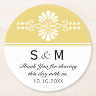Chic Floral Wedding ThankYou Monogram:Yellow White Round Paper Coaster