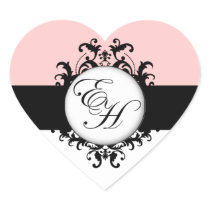 Chic French Black Monograms Damask Labels Heart Heart Stickers