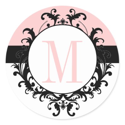 Chic French Wedding Monogram M Damask Pink Label Stickers