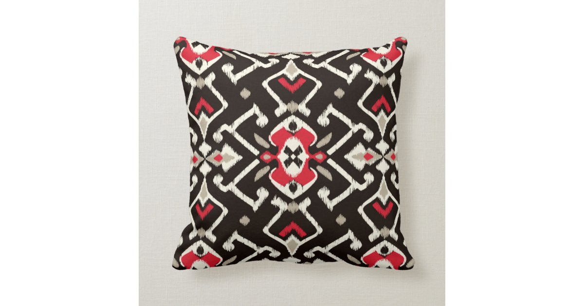 Chic Geometric Black Red Ikat Tribal Pattern Throw Pillows