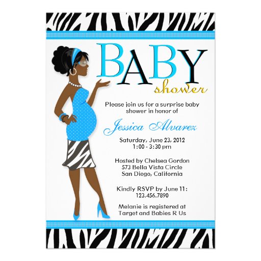 Chic Glam Modern Mom Blue Zebra Baby Shower Custom Invitations (front side)