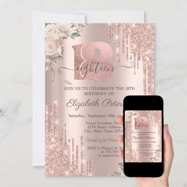 Chic Glitter Drips Flowers Rose Gold 18th Birthday Invitation Zazzle