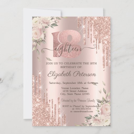 Chic Glitter Drips Flowers Rose Gold Th Birthday Invitation Zazzle