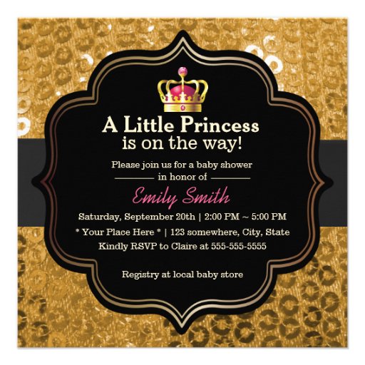 Chic Gold Crown Little Princess Baby Shower Custom Invites (front side)