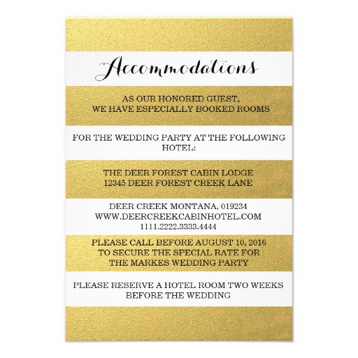 CHIC GOLD STRIPES ACCOMMODATION CARD CUSTOM ANNOUNCEMENT
