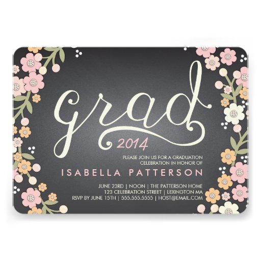 Chic Grad Chalkboard Floral Photo Graduation Personalized Invite (front side)
