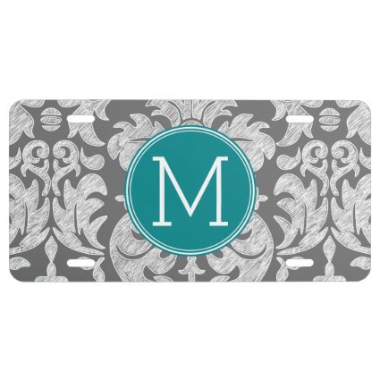 Chic Gray and Teal Damask Pattern Custom Monogram License Plate