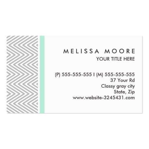 Chic gray chevrons mint green professional profile business card template (back side)