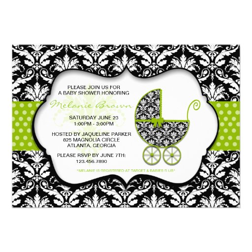 Chic Green Polka Dot Damask Baby Shower Invite