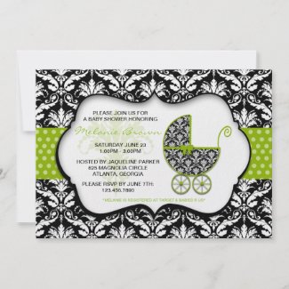 Chic Green Polka Dot Damask Baby Shower Invite