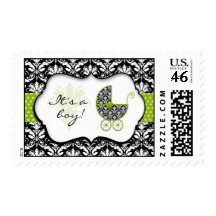Chic Green Polka Dot Damask Baby Shower Stamps