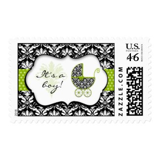 Chic Green Polka Dot Damask Baby Shower Stamps
