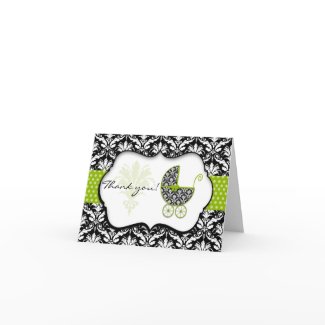 Chic Green Polka Dot Damask Baby Shower Thank You Greeting Cards