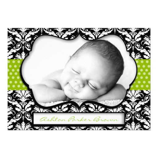Chic Green Polka Dot Damask Birth Announcement