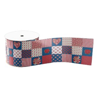 Chic Hearts and Roses Faux Patchwork 3-inch Ribbon Grosgrain Ribbon