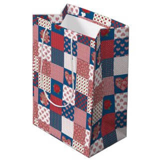 Chic Hearts and Roses Faux Patchwork Gift Bag Medium Gift Bag