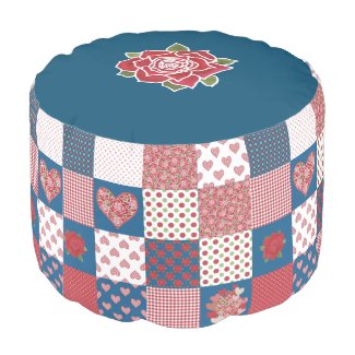 Chic Hearts and Roses Faux Patchwork Round Pouf