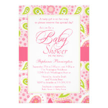 Chic hot pink green paisley baby shower invitation