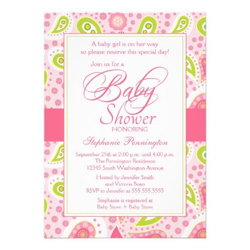 Chic hot pink green paisley baby shower invitation