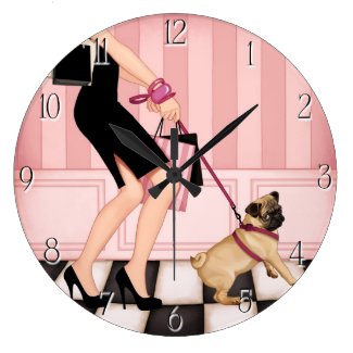 Chic lady walking her pug wall clocks