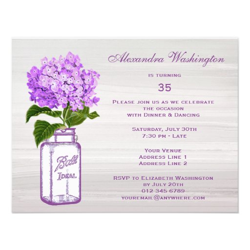 Chic Mason Jar & Purple Hydrangea Birthday Party Invite