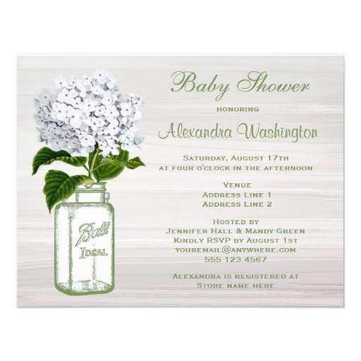Chic Mason Jar & White Hydrangea Baby Shower Custom Invitation