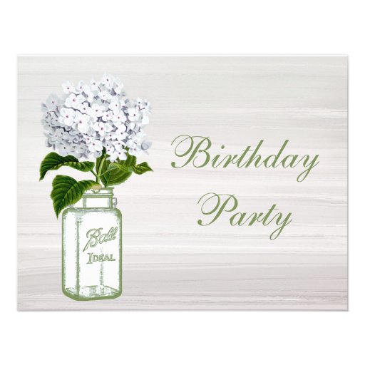 Chic Mason Jar & White Hydrangea Birthday Party Custom Invitations