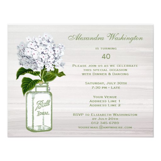 Chic Mason Jar & White Hydrangea Birthday Party Custom Invitations