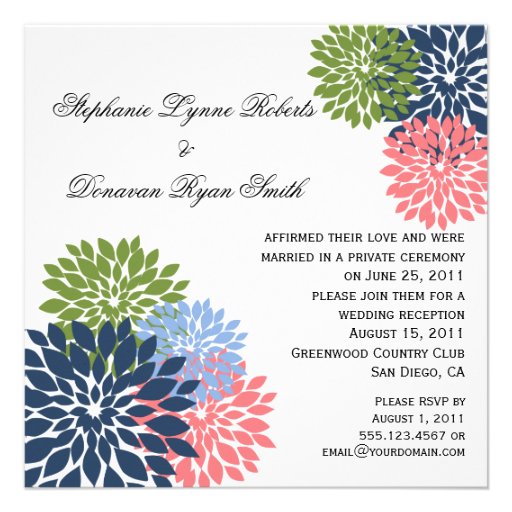 Chic Modern Navy Pink Green Flower Petals Personalized Invites