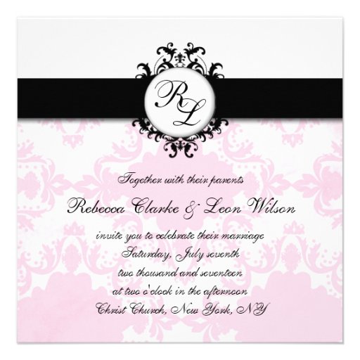 Chic Monogram Initials Pink Damask Wedding Invite