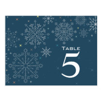 Chic navy blue snowflake wedding table number postcard