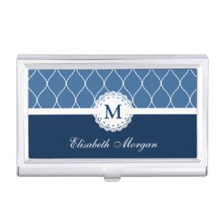 Chic Navy Blue White Lace Pattern Custom Monogram Business Card Case