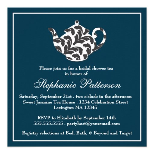 Chic Navy & White w Damask Bridal Shower Tea Party Custom Invitation