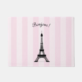 Chic Parisian Pink Stripe Black Eiffel Tower Doormat