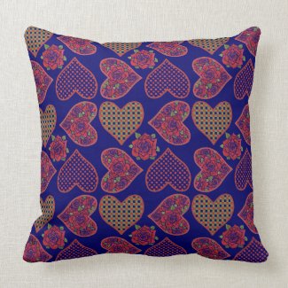 Chic Pillow or Cushion, Hearts, Roses, Deep Blue