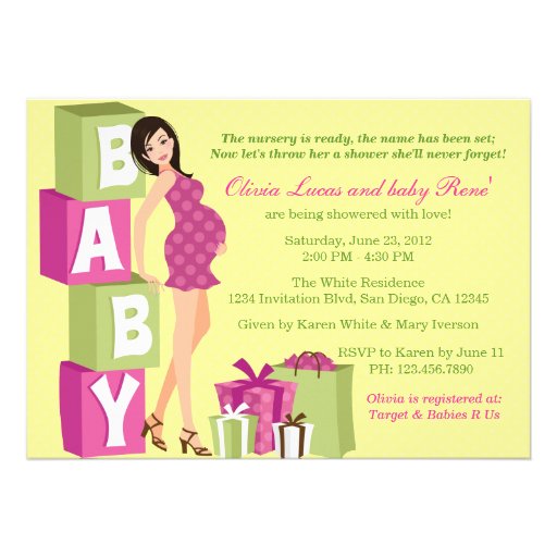 Chic Pink Green Polka Dot Modern Mom Baby Shower Announcement