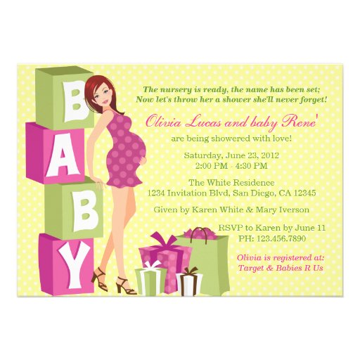 Chic Pink Green Polka Dot Modern Mom Baby Shower Custom Invitations