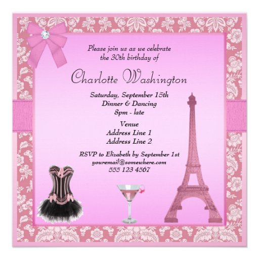 Chic Pink Paris Damask Corset Birthday Party Invitations