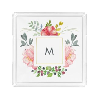 Chic Pink Peonies with Monogram Square Serving Trays