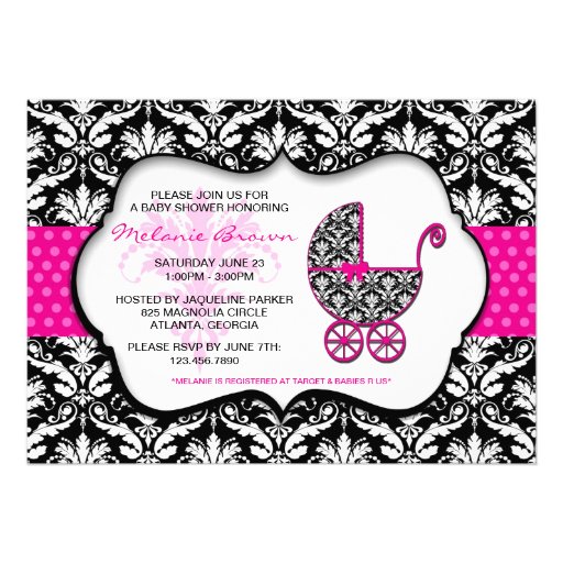 Chic Pink Polka Dot Damask Baby Shower Invite