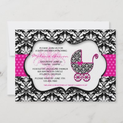Chic Pink Polka Dot Damask Baby Shower Invite