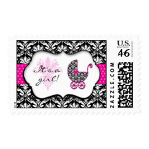 Chic Pink Polka Dot Damask Baby Shower Stamps
