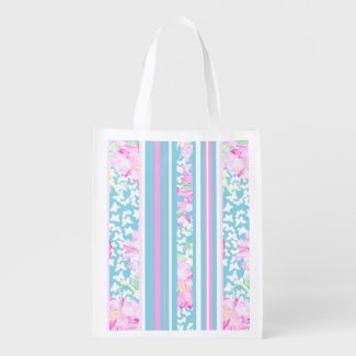 Chic Pink Roses, Turquoise Stripes: Shopping Bag Market Tote