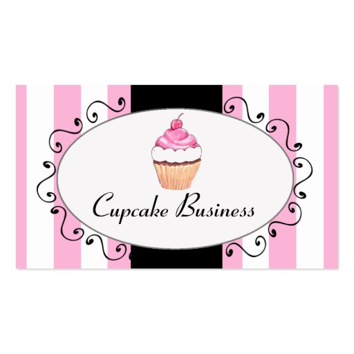 Chic Pink Stripes Cupcake Bakery Business Card (front side)