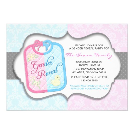 Chic Polka Dot Damask Baby Bib Gender Reveal Custom Invitations