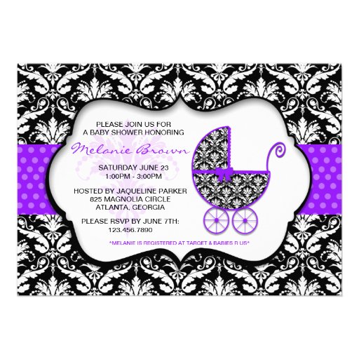 Chic Purple Polka Dot Damask Baby Shower Invite