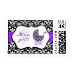 Chic Purple Polka Dot Damask Baby Shower Stamps