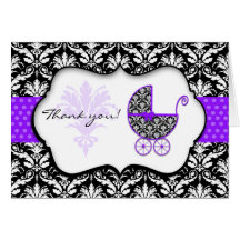 Chic Purple Polka Dot Damask Baby Shower Thank You Greeting Cards